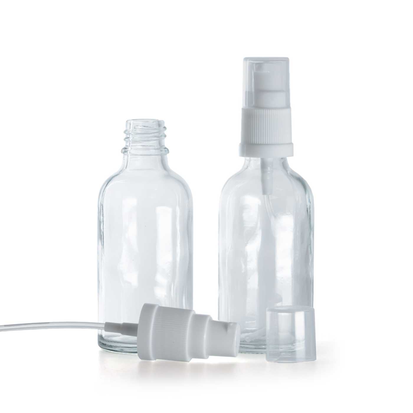 Flacon en verre transparent avec pompe blanche, 50 ml