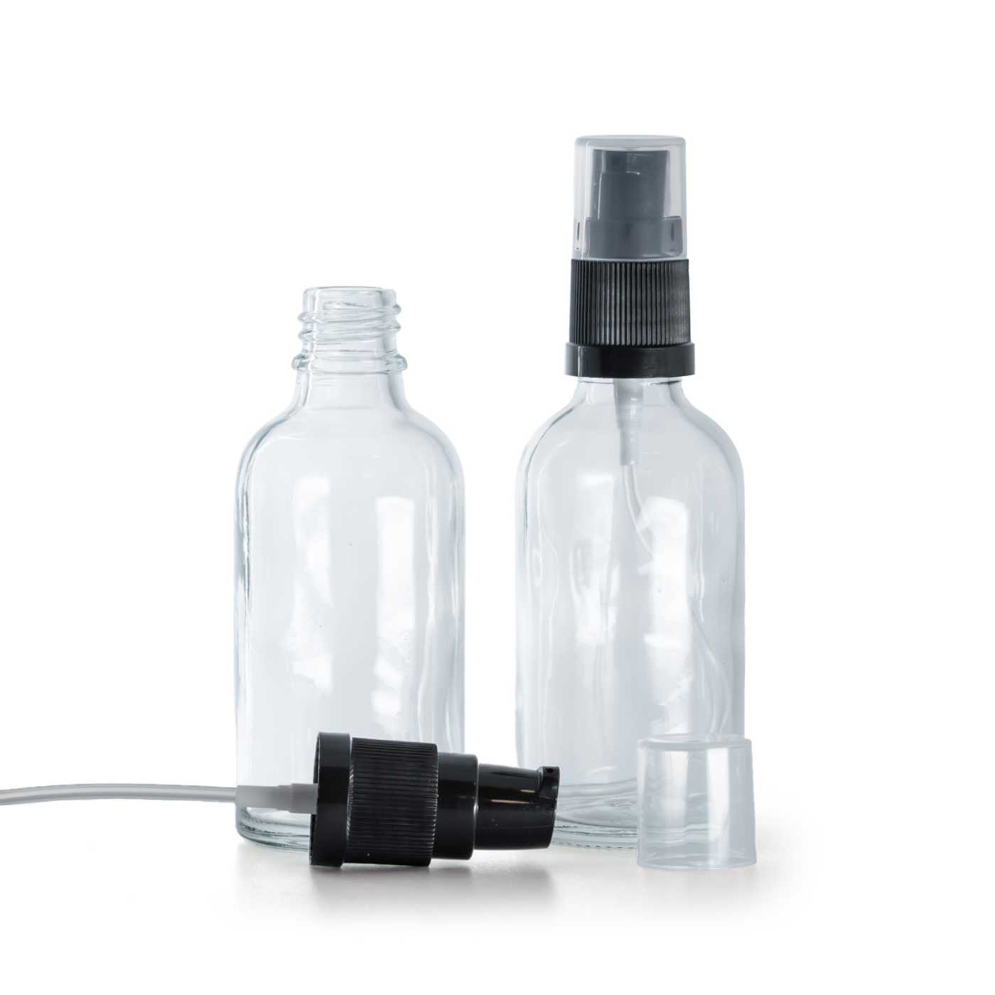 Skleněná lahvička s průhledným sklem s dávkovačem krému, 50 ml
