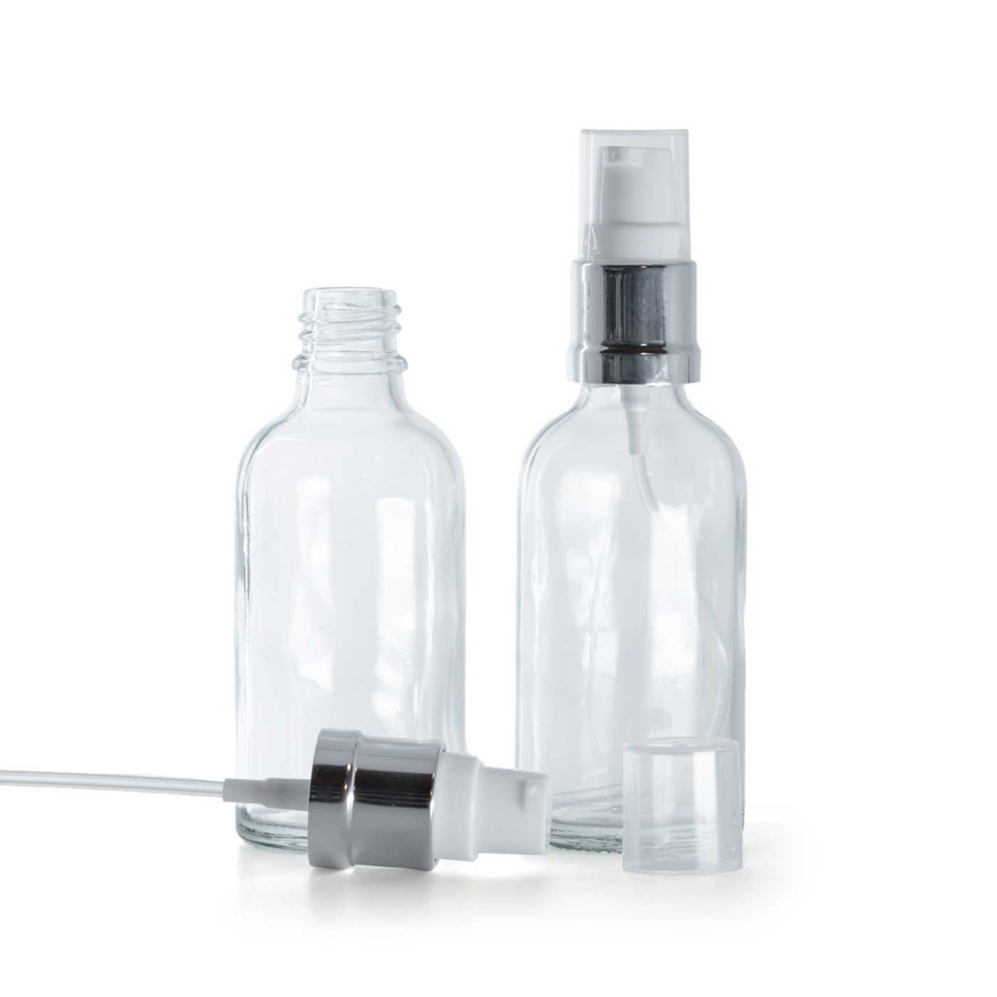 Butelka szklana, przezroczysta, biało-srebrny błyszczący dozownik, 50 ml