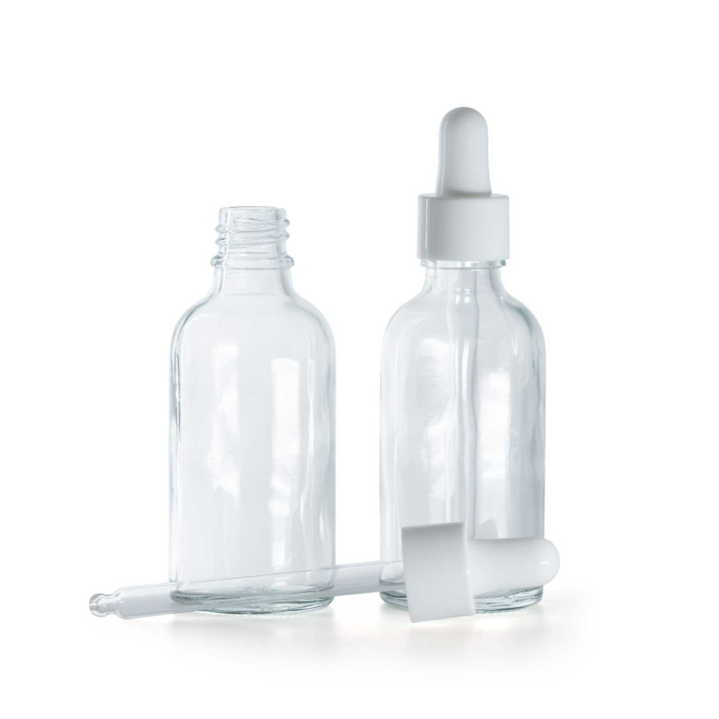 Skleněná lahvička, průhledná, lesklá bílá pipeta, 50 ml