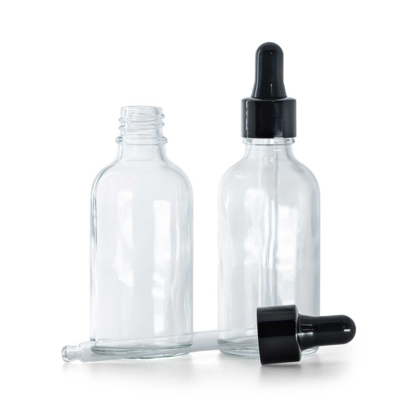 Sklenená fľaška, priehľadná, čierne lesklé kvapátko, 50 ml