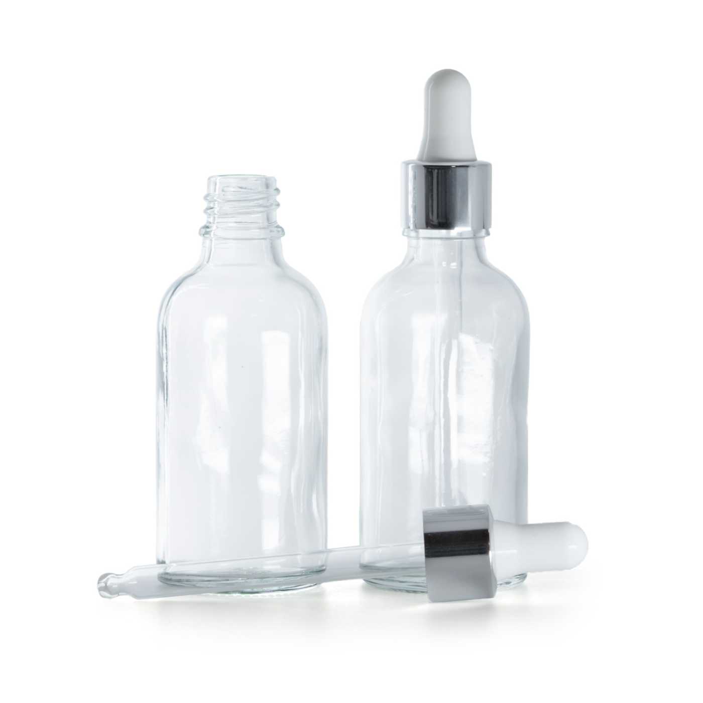 Sklenená fľaška, priehľadná, strieborné kvapátko, 50 ml