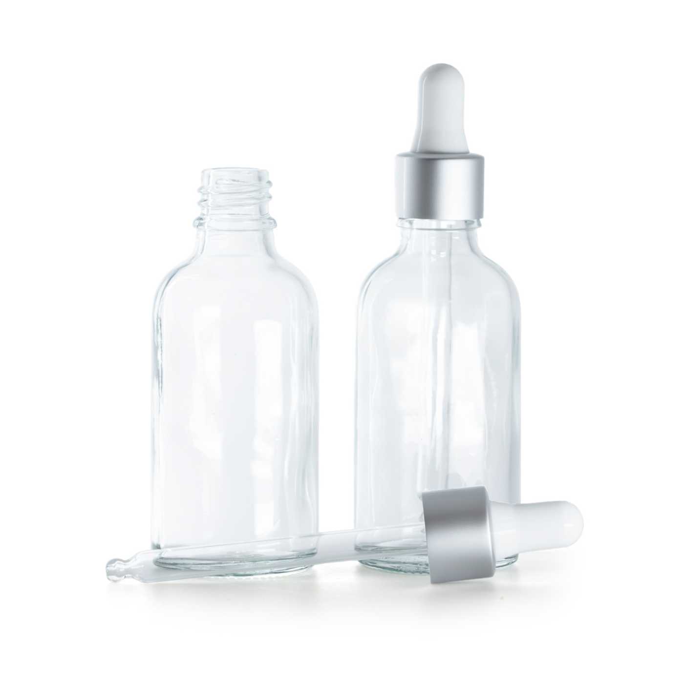 Sklenená fľaška, priehľadná, strieborné matné kvapátko, 50 ml