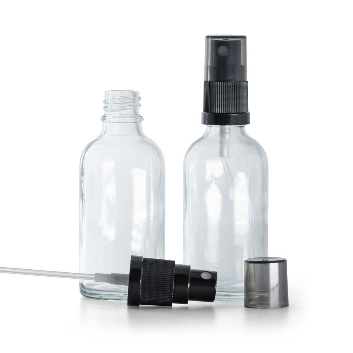 Sklenená fľaška, priehľadná, čierny rozprašovač, dymový kryt, 50 ml