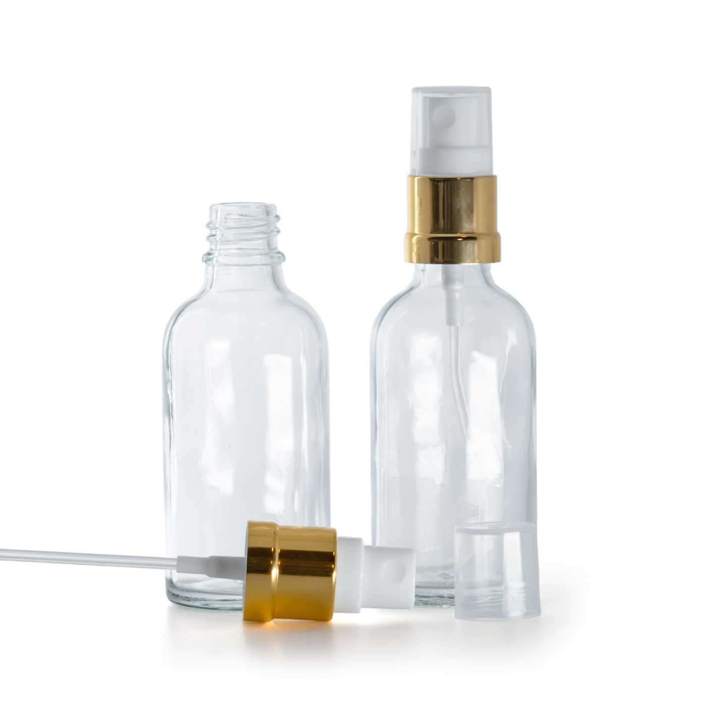 Sklenená fľaška, priehľadná, bielo-zlatý rozprašovač, 50 ml