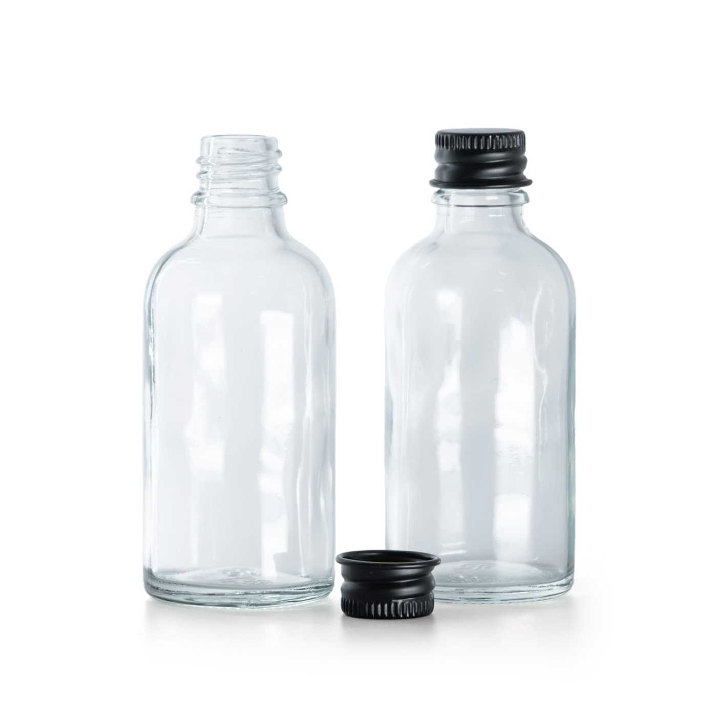 Sklenená fľaška, priehľadná, čierny hliníkový vrchnák, 50 ml