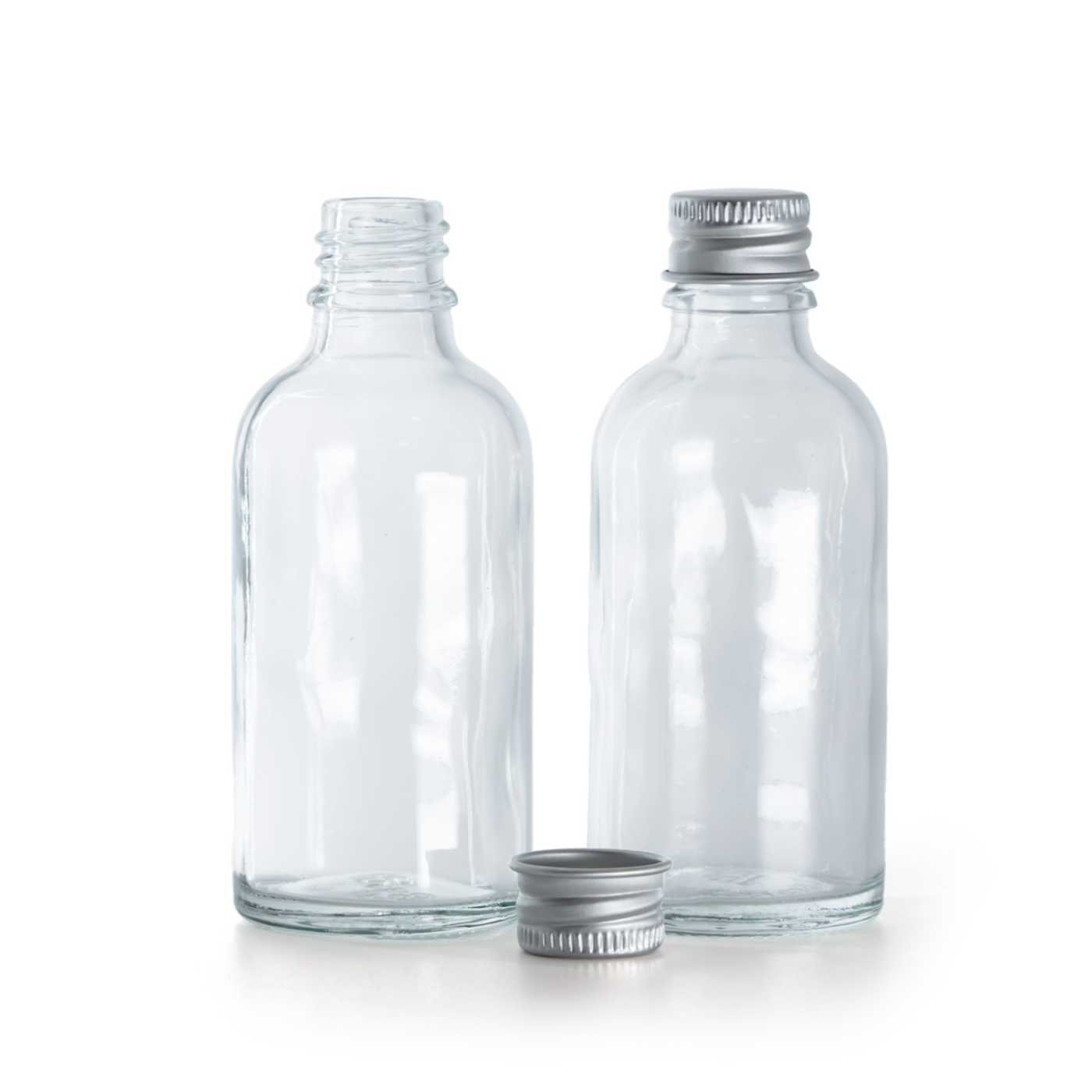 Sklenená fľaška, priehľadná, hliníkový vrchnák, 50 ml