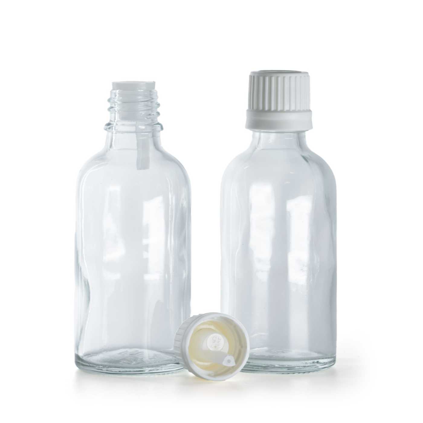 Sklenená fľaška, priehľadná, biely vrchnák s kvapátkom, 50 ml