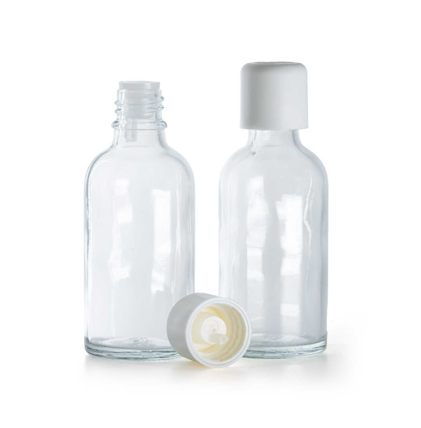Sklenená fľaška, priehľadná, biely vrchnák s poistkou, 50 ml