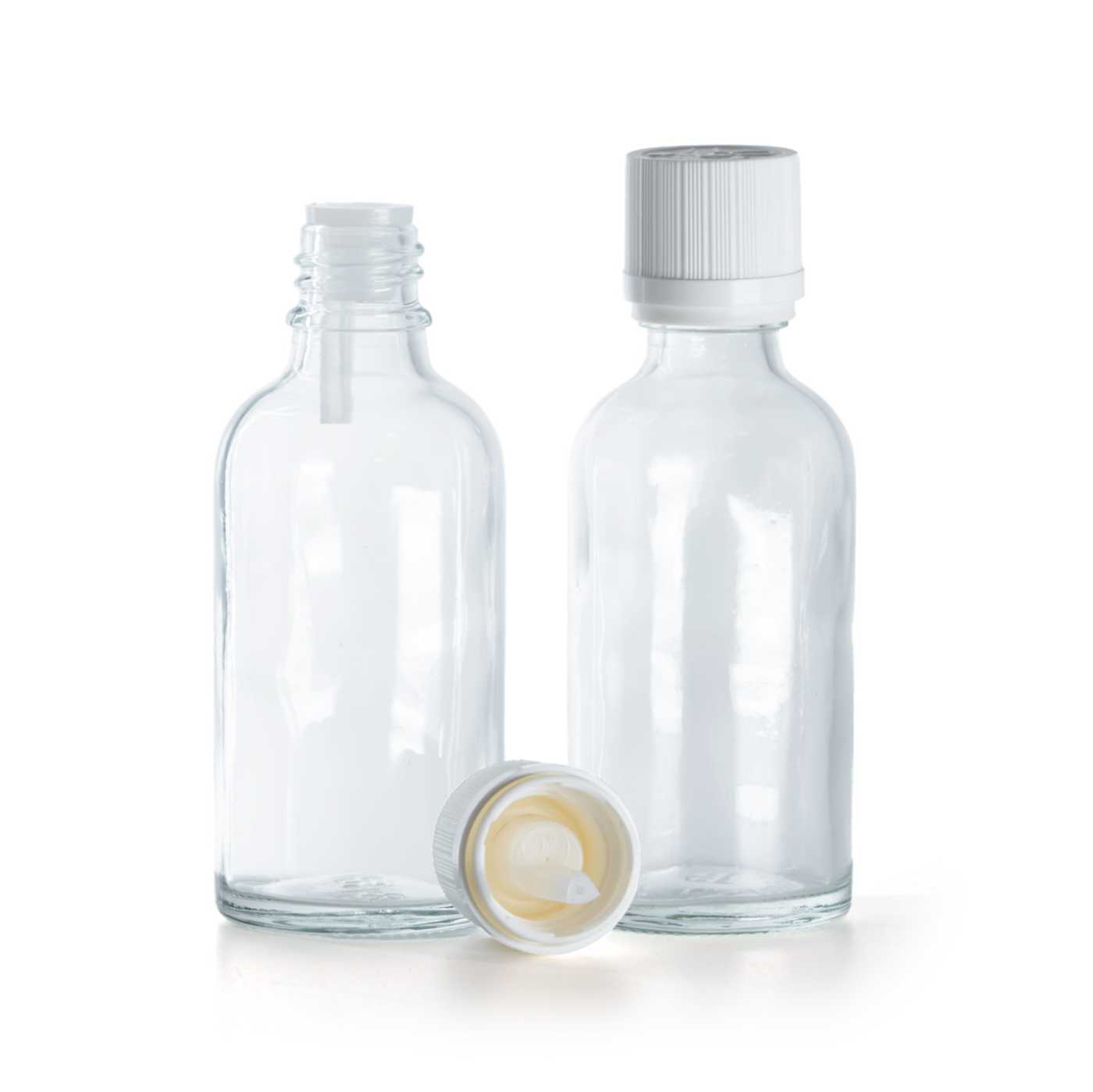 Sklenená fľaška, priehľadná, biely vrúbkovaný vrchnák s poistkou, 50 ml
