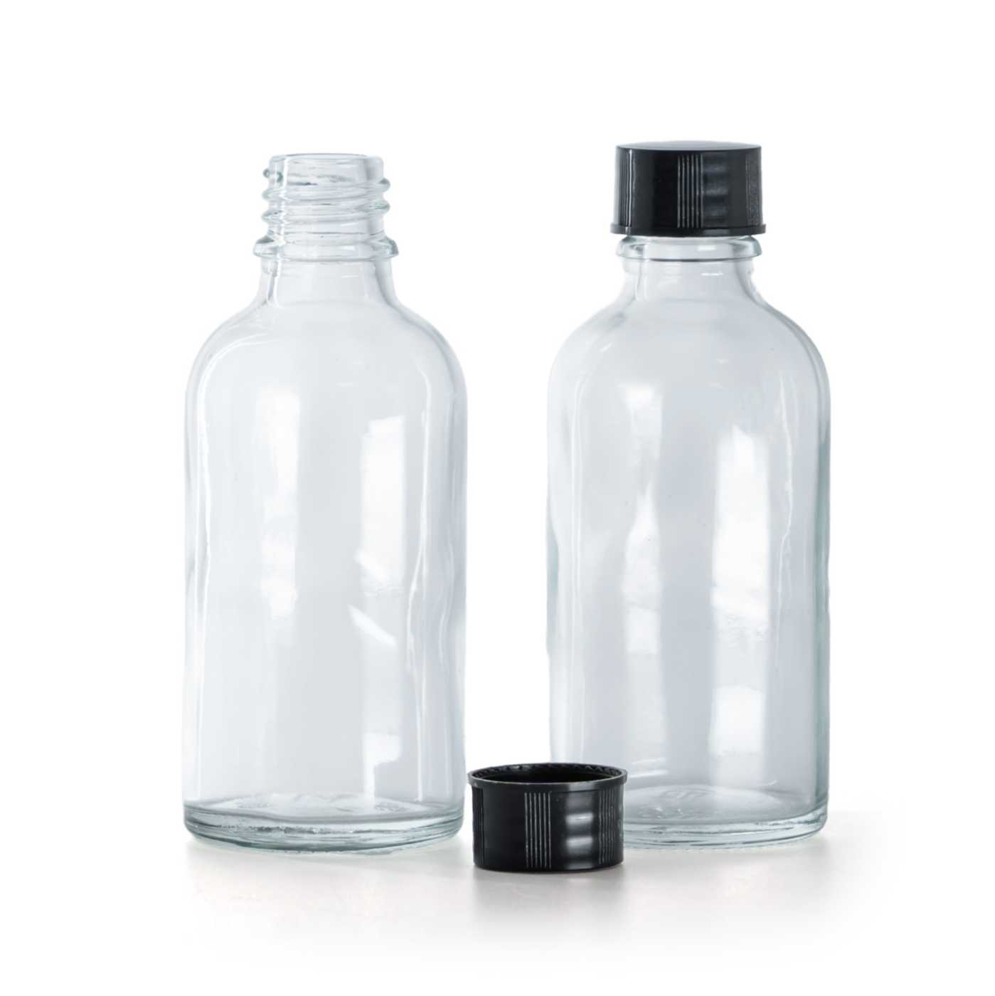 Sklenená fľaška, priehľadná, vrchnák čierny, 50 ml