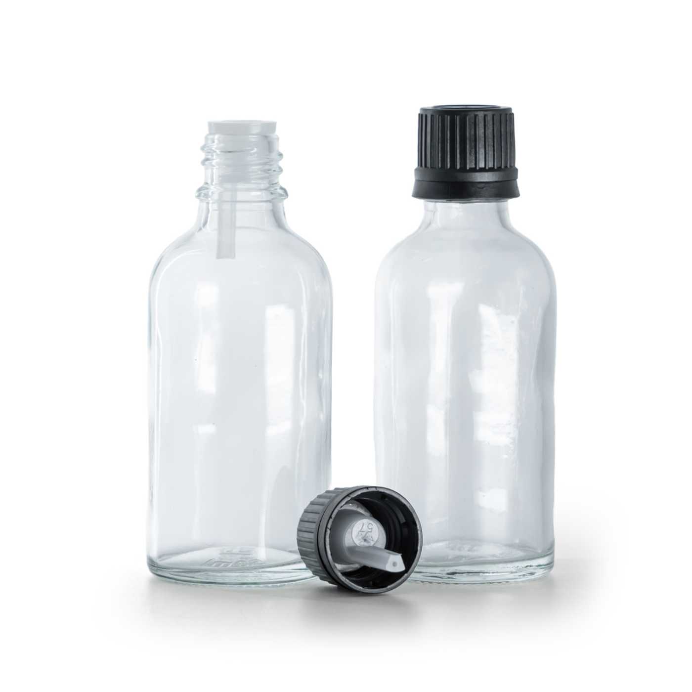 Sklenená fľaška, priehľadná, čierny vrchnák s kvapátkom, 50 ml