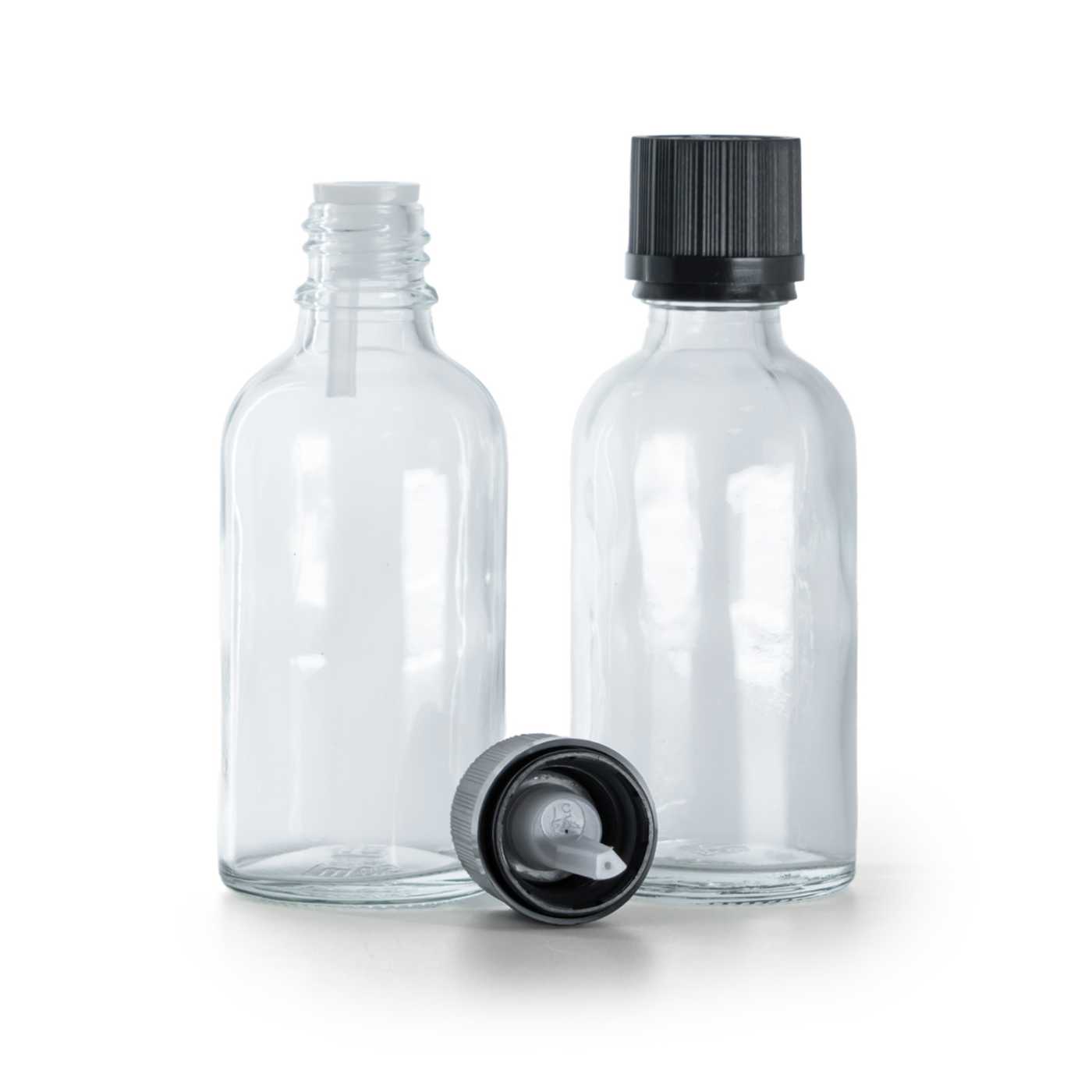 Sklenená fľaška, priehľadná, čierny vrúbkovaný vrchnák s poistkou, 50 ml