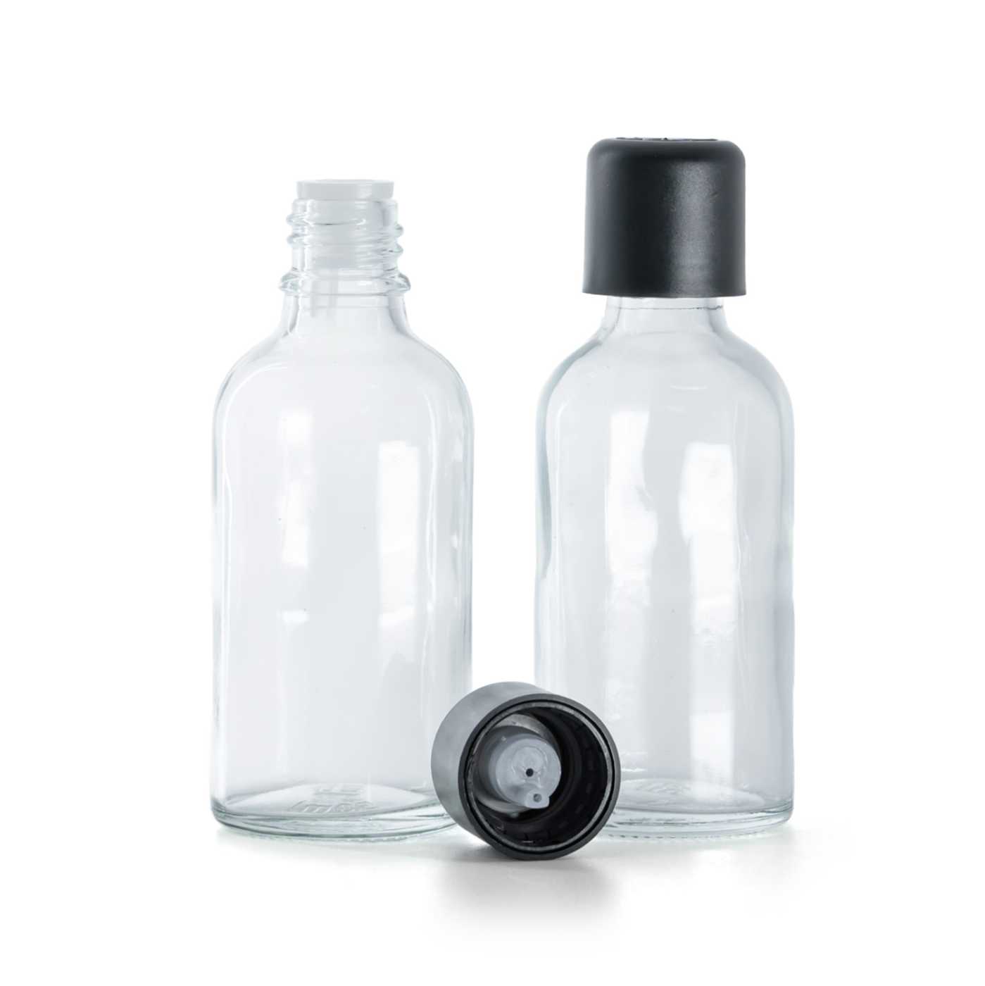 Sklenená fľaška, priehľadná, čierny vrchnák s poistkou, 50 ml