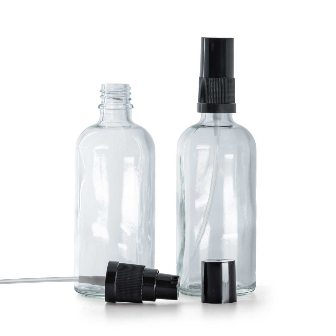 Sklenená fľaška, priehľadná, dávkovač krémov s čiernym vrchom, 100 ml