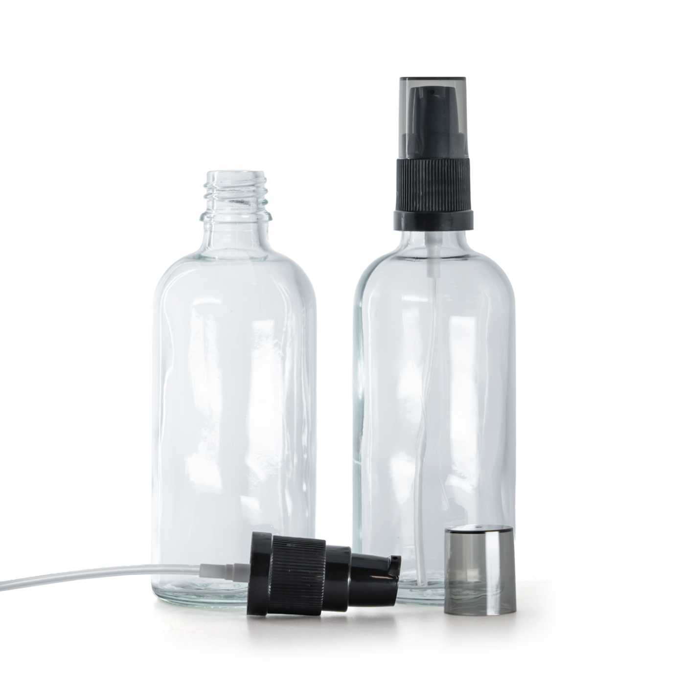 Frasco de vidrio transparente, dispensador de crema con sobretapa ahumada, 100 ml
