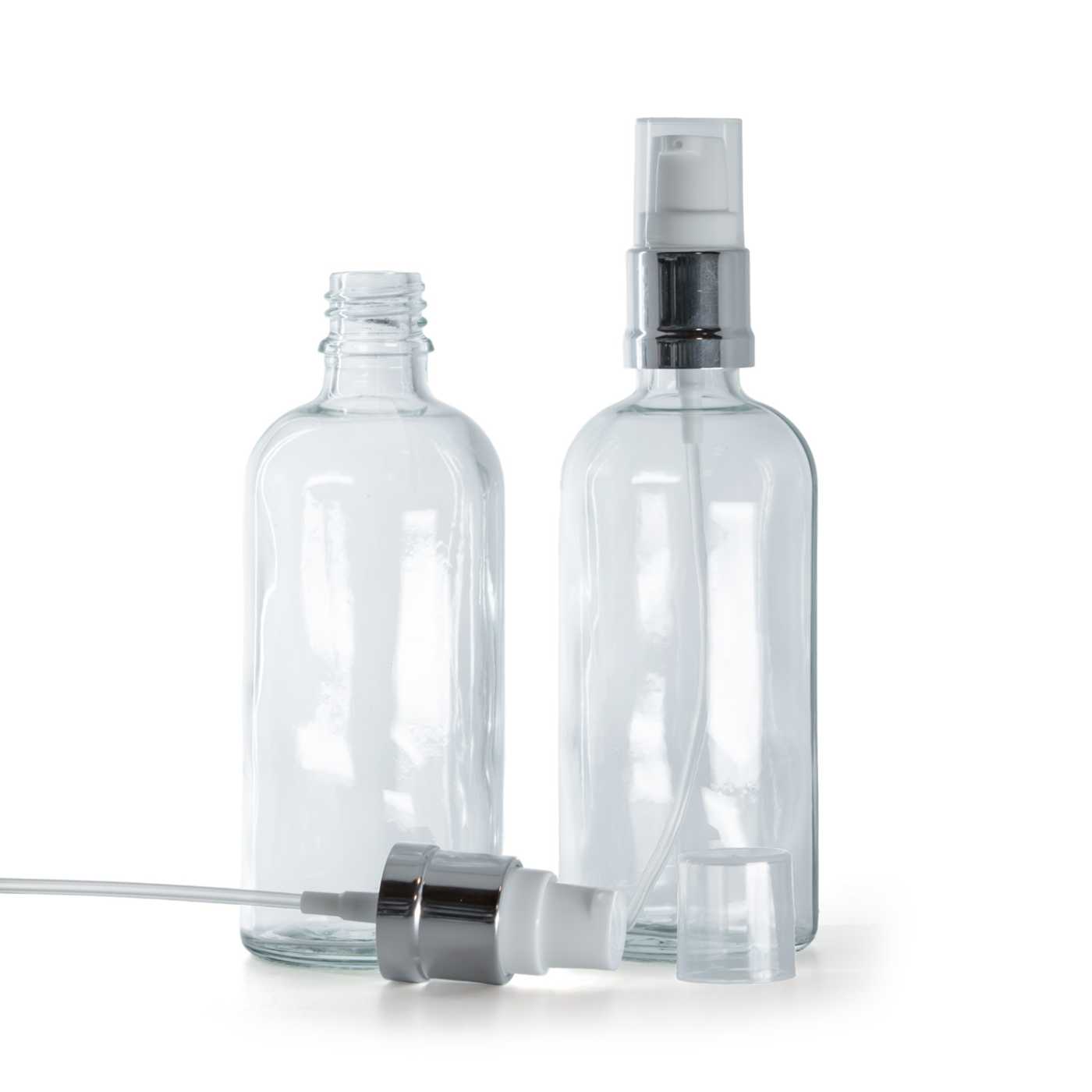 Butelka szklana, przezroczysta, biało-srebrny błyszczący dozownik, 100 ml