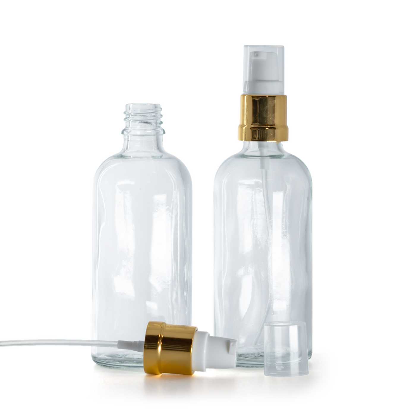 Butelka szklana, przezroczysta, biało-złoty błyszczący dozownik, 100 ml
