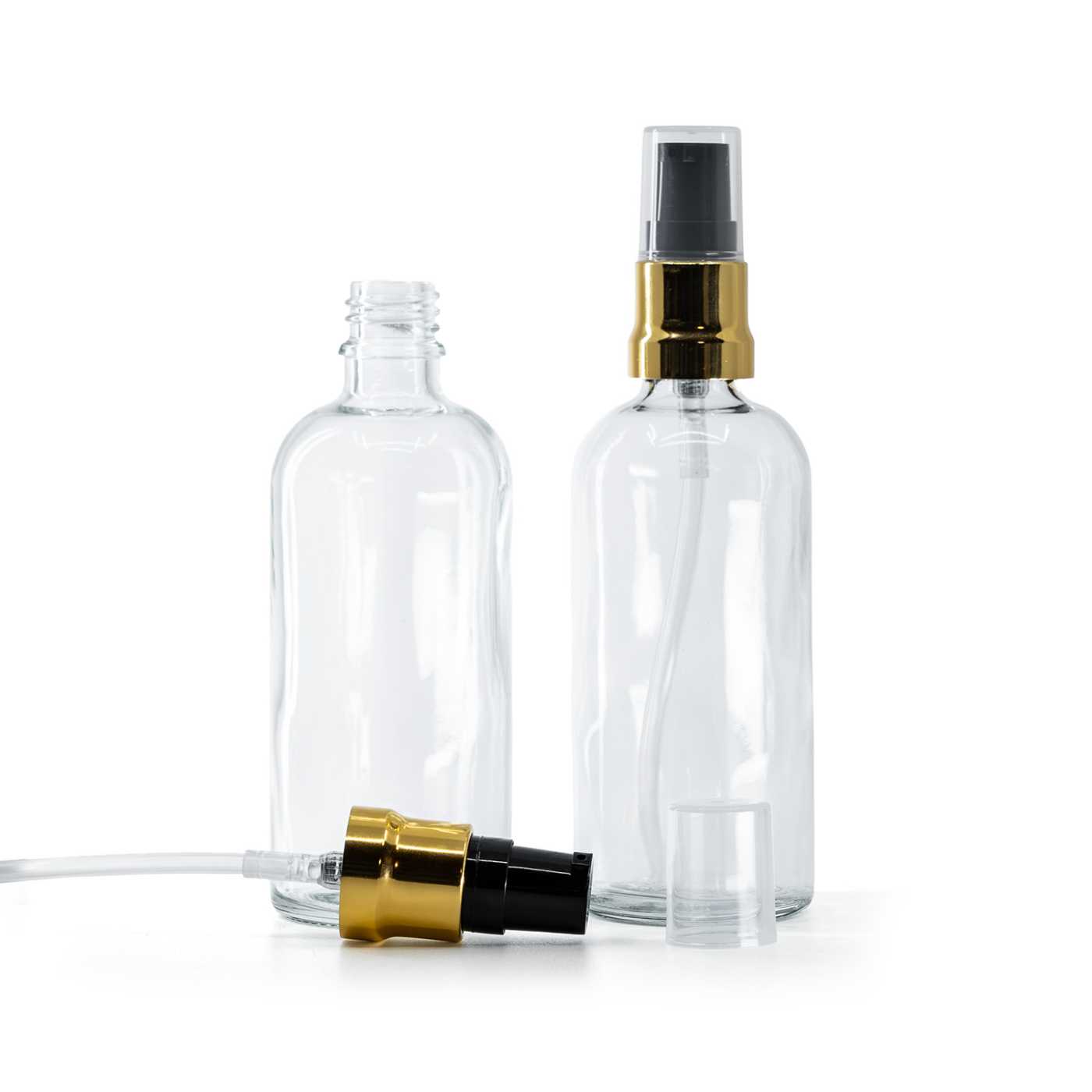 Sklenená fľaška, priehľadná, čierno-zlatý lesklý dákovač, priehľadný vrch, 100 ml