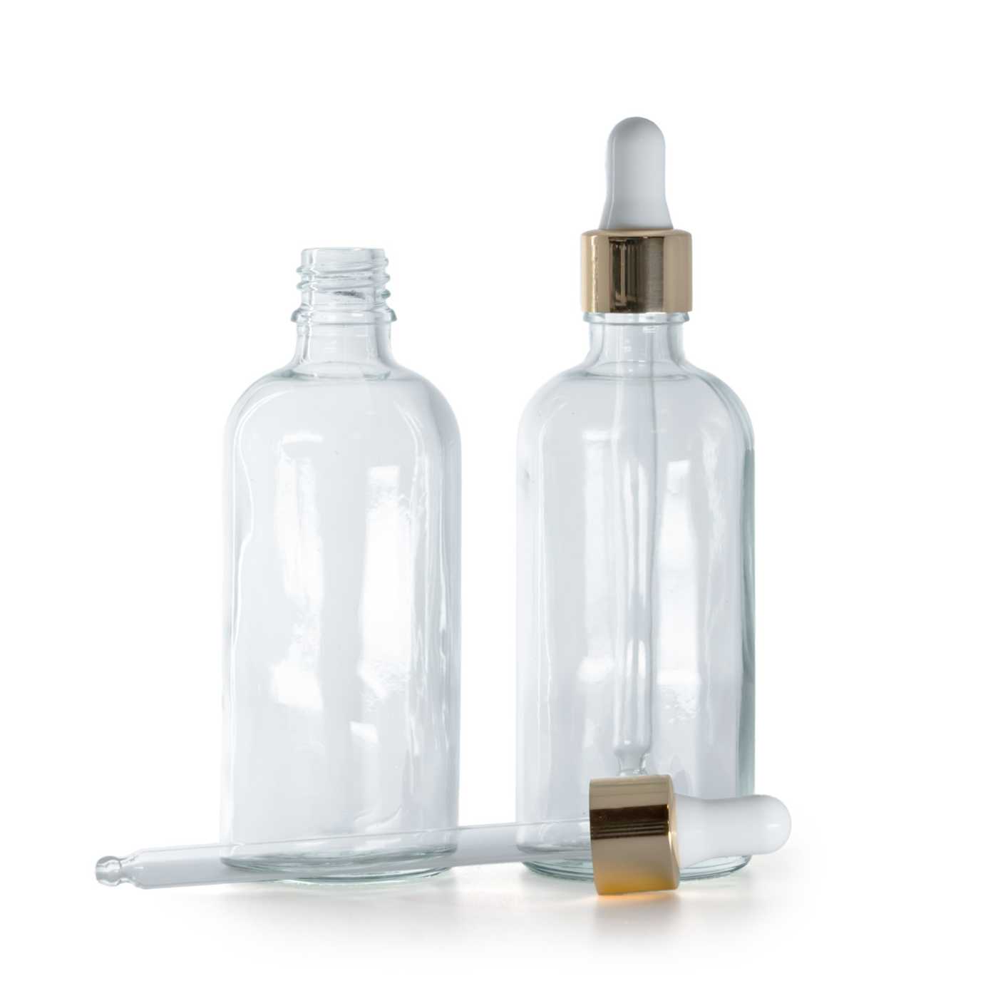 Sklenená fľaška, priehľadná, bielo-zlaté kvapátko, 100 ml