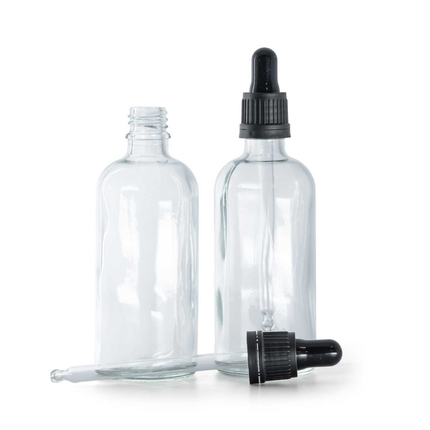 Sklenená fľaška, priehľadná, čierne kvapátko 100 ml