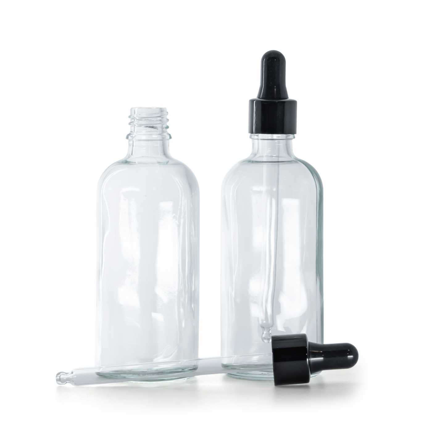 Sklenená fľaška, priehľadná, čierne lesklé kvapátko, 100 ml
