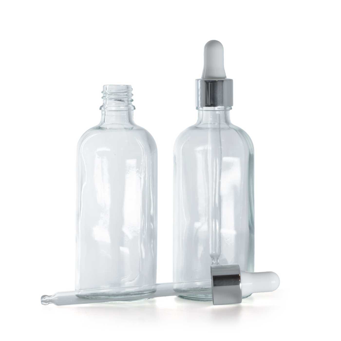 Sklenená fľaška, priehľadná, strieborné kvapátko, 100 ml