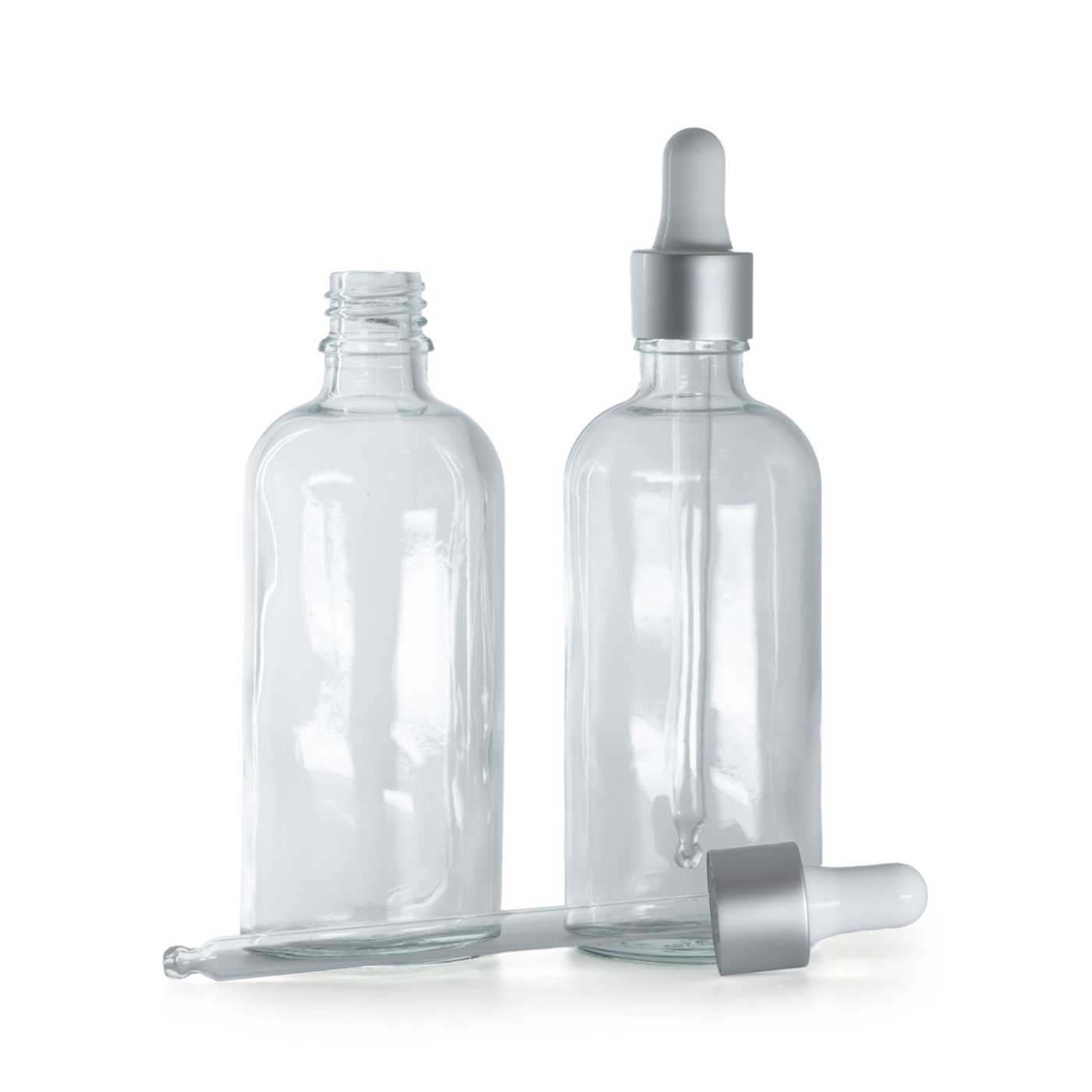 Frasco de vidrio, transparente, cuentagotas plateado mate, 100 ml