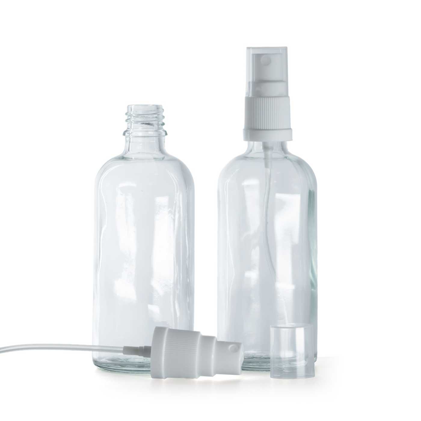 Sklenená fľaška, priehľadná, biely rozprašovač, 100 ml