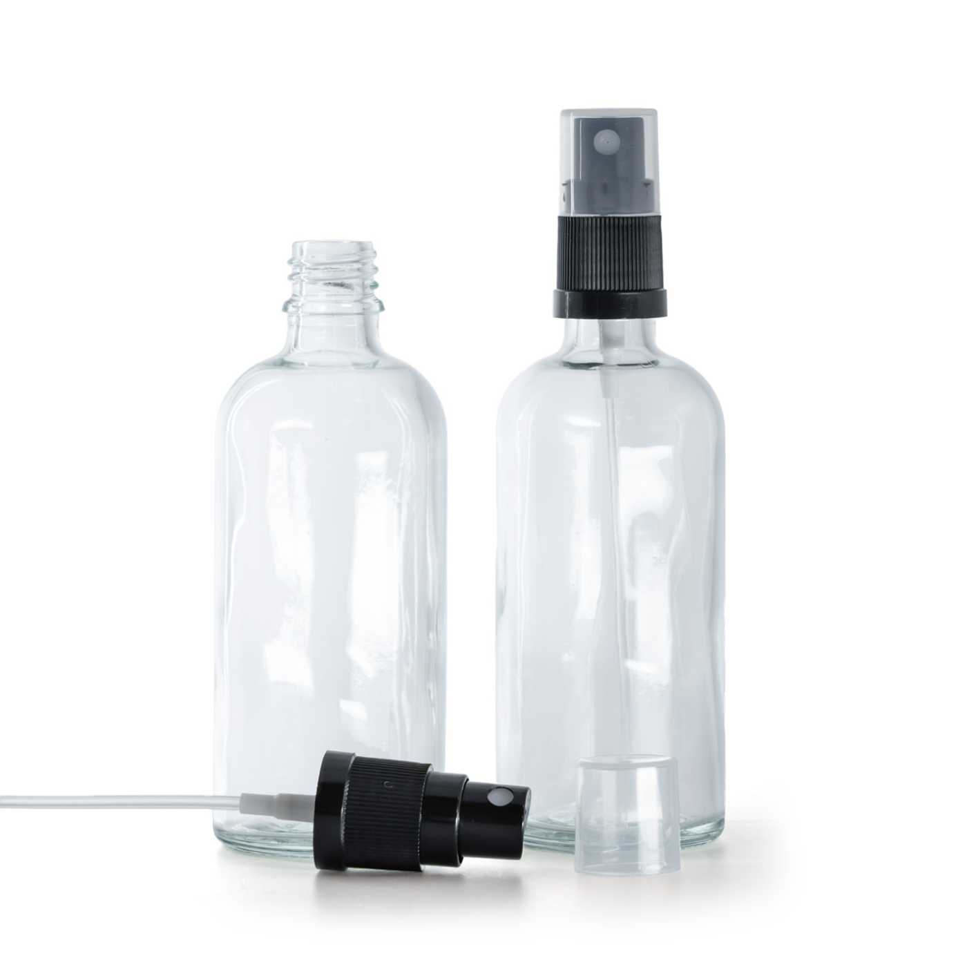 Sklenená liekovka, priehľadná, čierny rozprašovač, 100 ml
