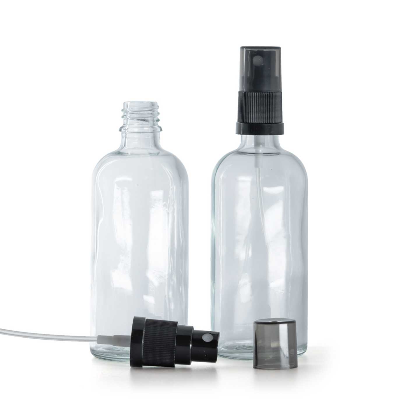 Sklenená fľaška, priehľadná, čierny rozprašovač, dymový kryt, 100 ml