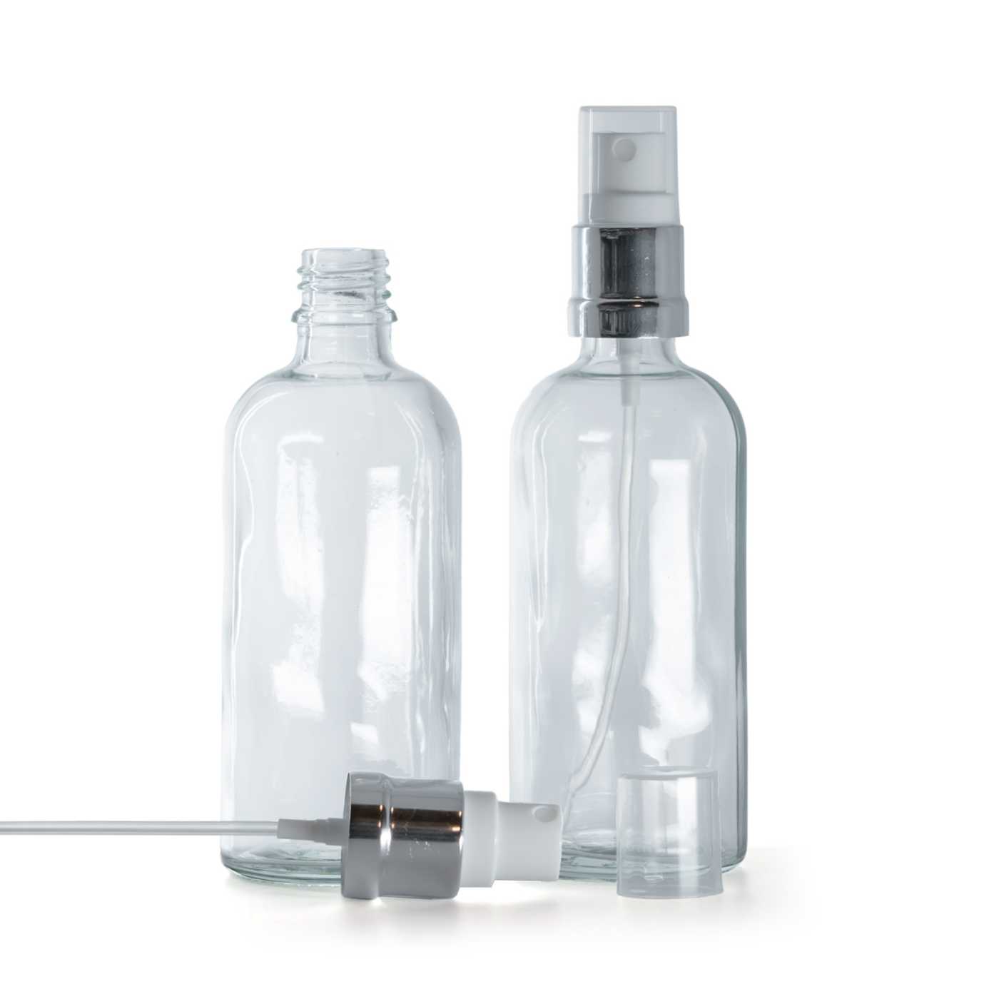 Butelka szklana, przezroczysta, biało-srebrny atomizer, 100 ml