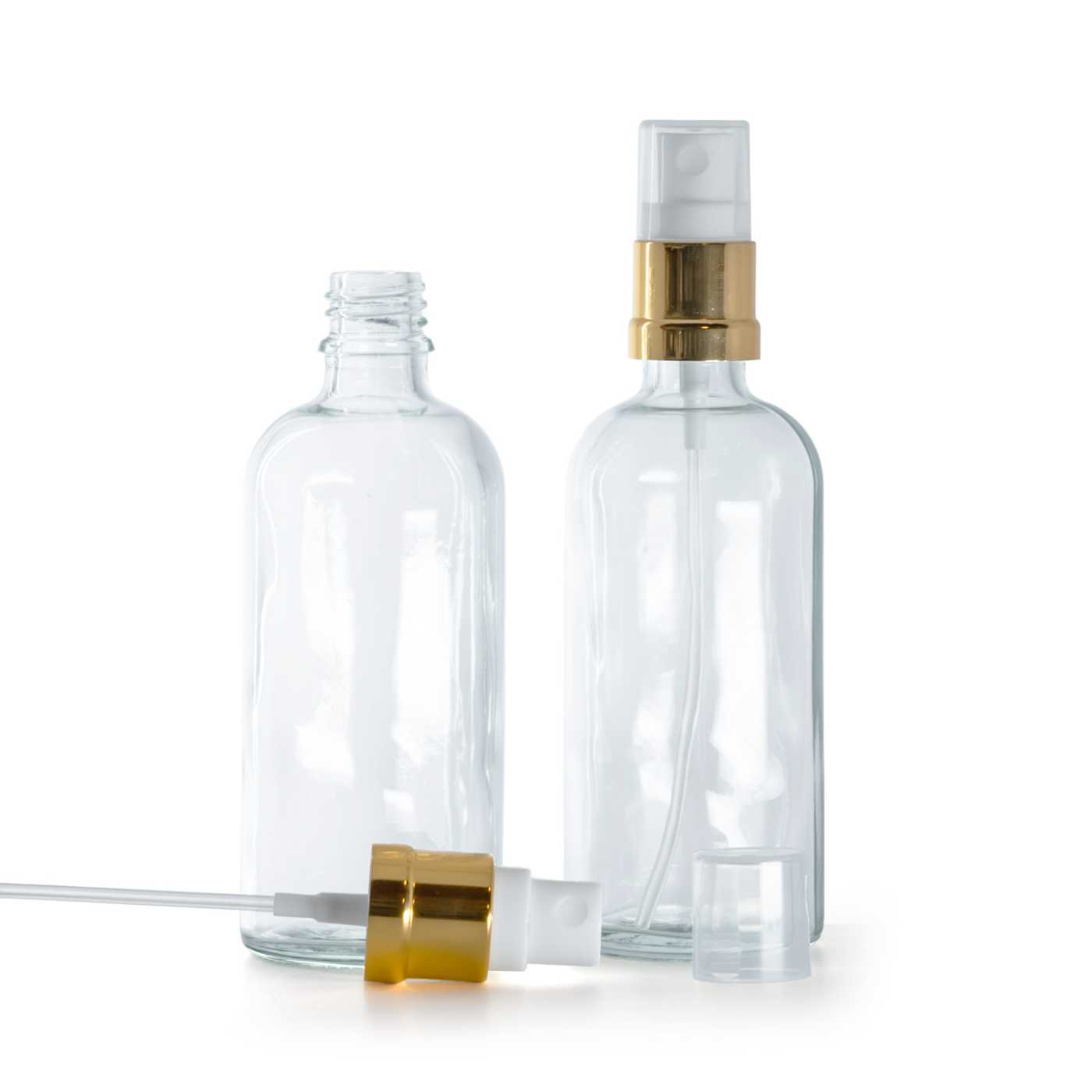 Sklenená fľaška, priehľadná, bielo-zlatý rozprašovač, 100 ml
