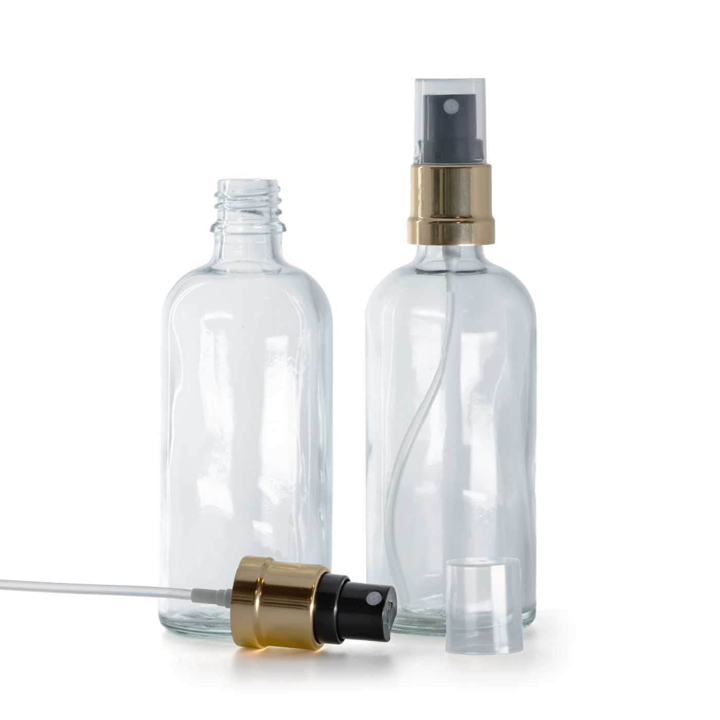 Sklenená fľaška, priehľadná, čierno-zlatý rozprašovač, 100 ml