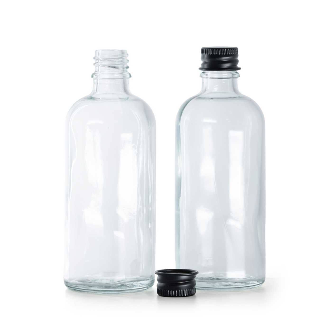 Sklenená fľaška, priehľadná, čierny hliníkový vrchnák, 100 ml