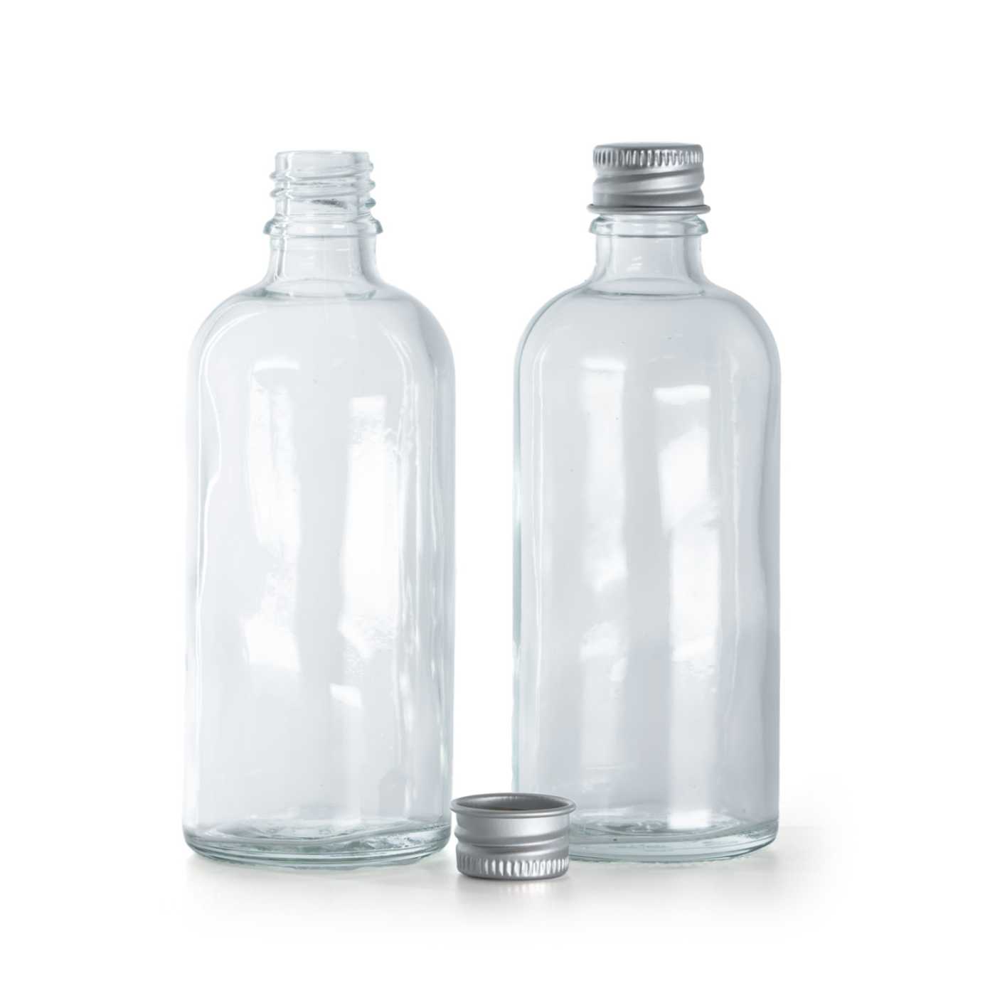 Sklenená fľaška, priehľadná, hliníkový vrchnák, 100 ml