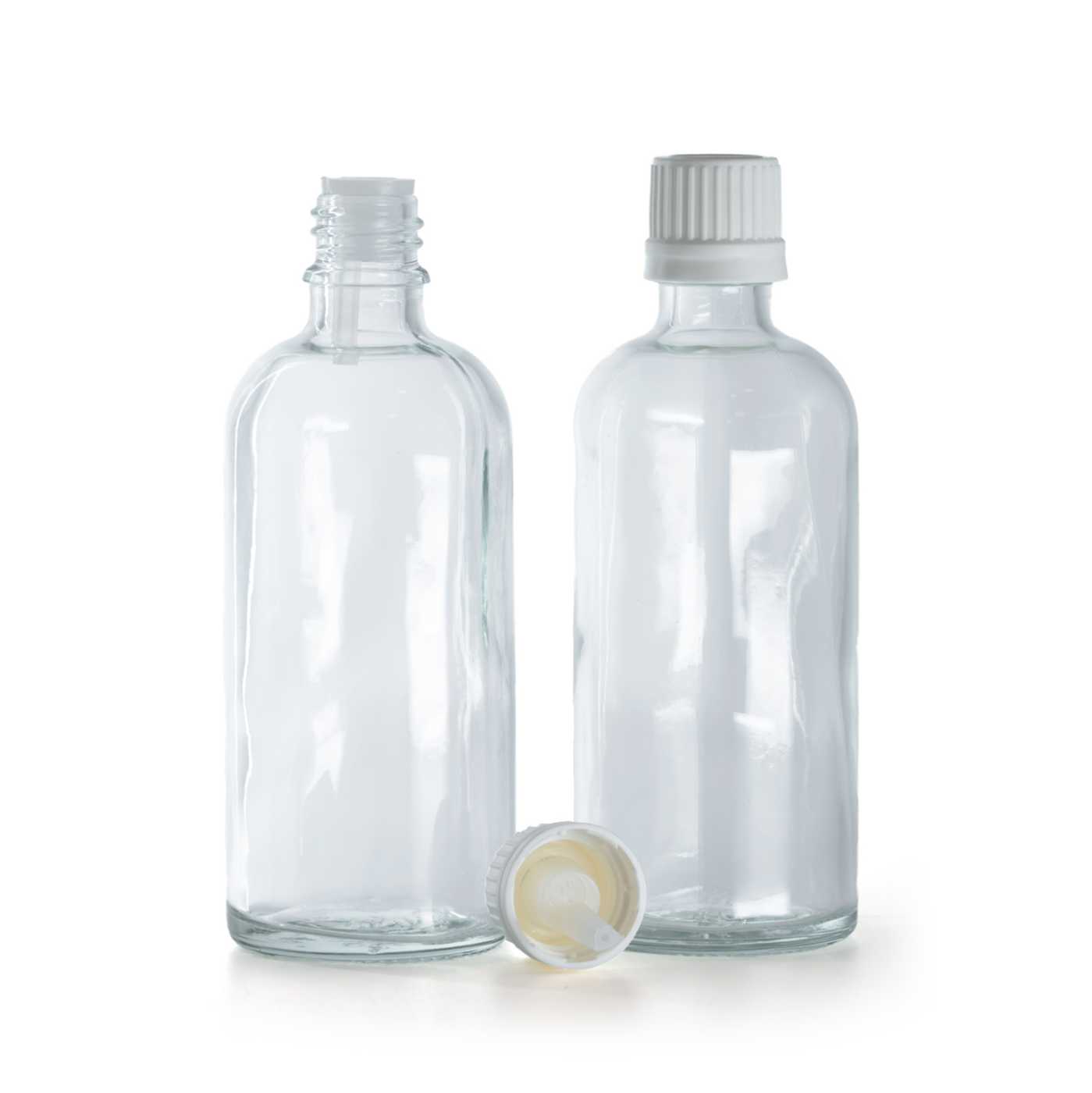 Sklenená fľaška, priehľadná, biely vrchnák s kvapátkom, 100 ml