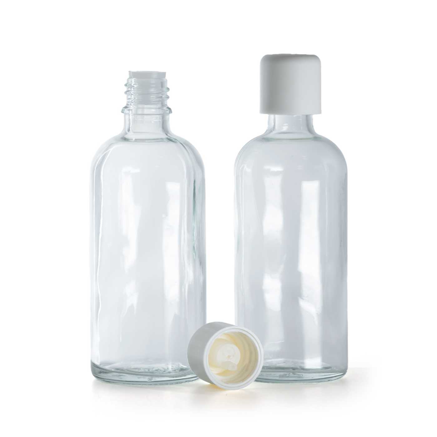 Sklenená fľaška, priehľadná, biely vrchnák s poistkou, 100 ml