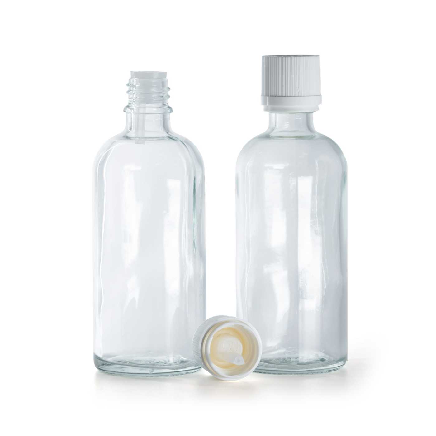 Sklenená fľaška, biely vrúbkovaný vrchnák s poistkou, 100 ml