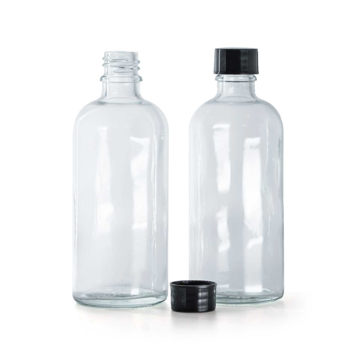 Sklenená fľaška, priehľadná, čierny vrchnák, 100 ml