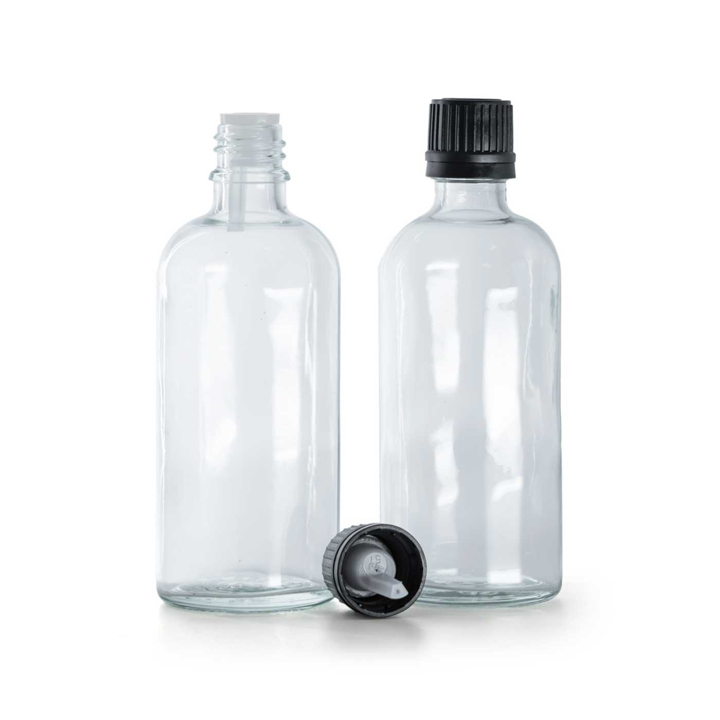 Sklenená fľaška, priehľadná, čierny vrchnák s kvapátkom, 100 ml