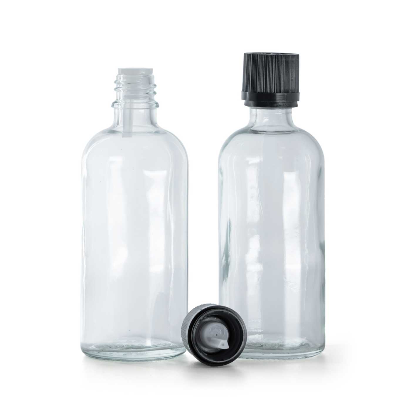 Frasco de vidrio, transparente, tapón de seguridad negro con cuentagotas, 100 ml