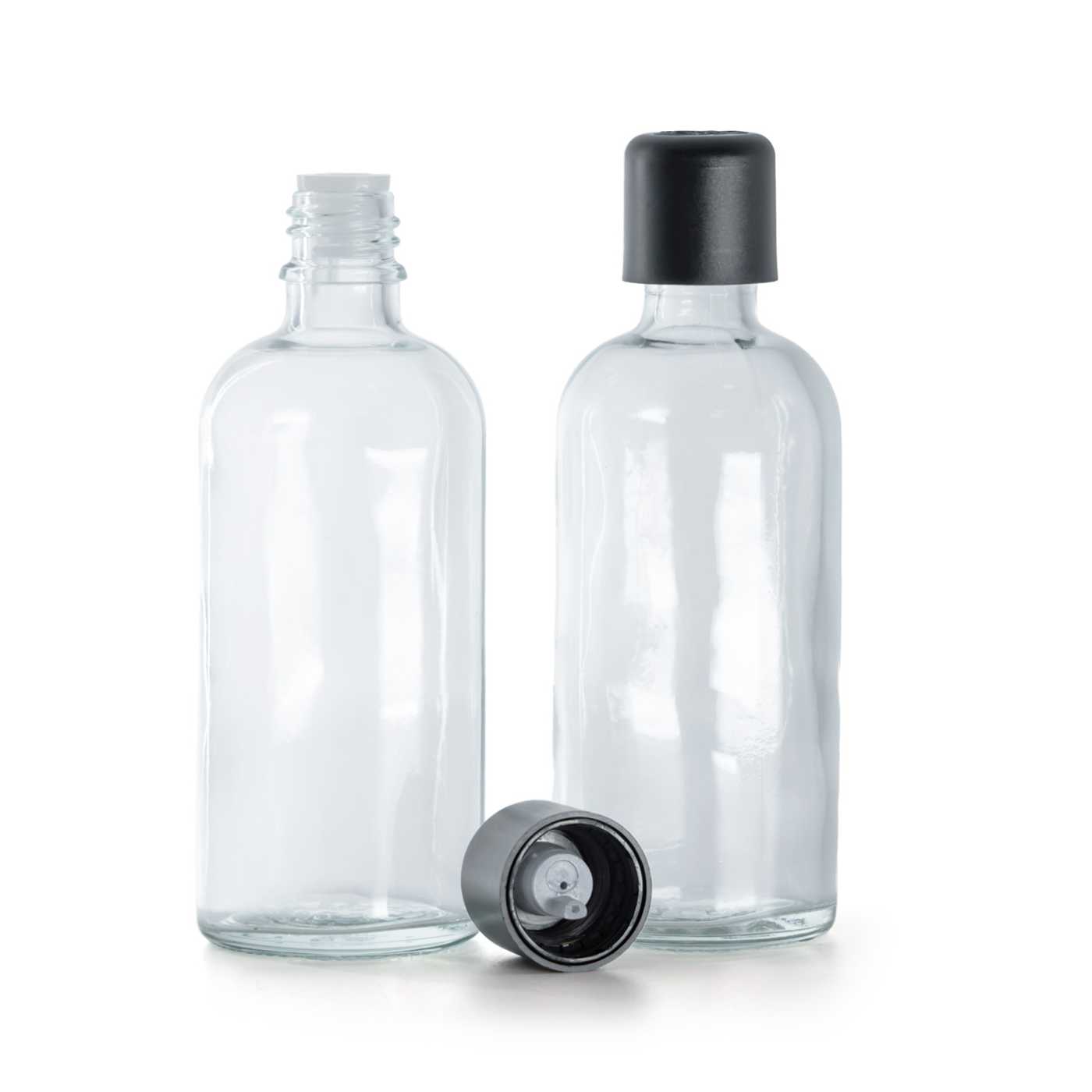 Sklenená fľaška, priehľadná, čierny vrchnák s poistkou, 100 ml