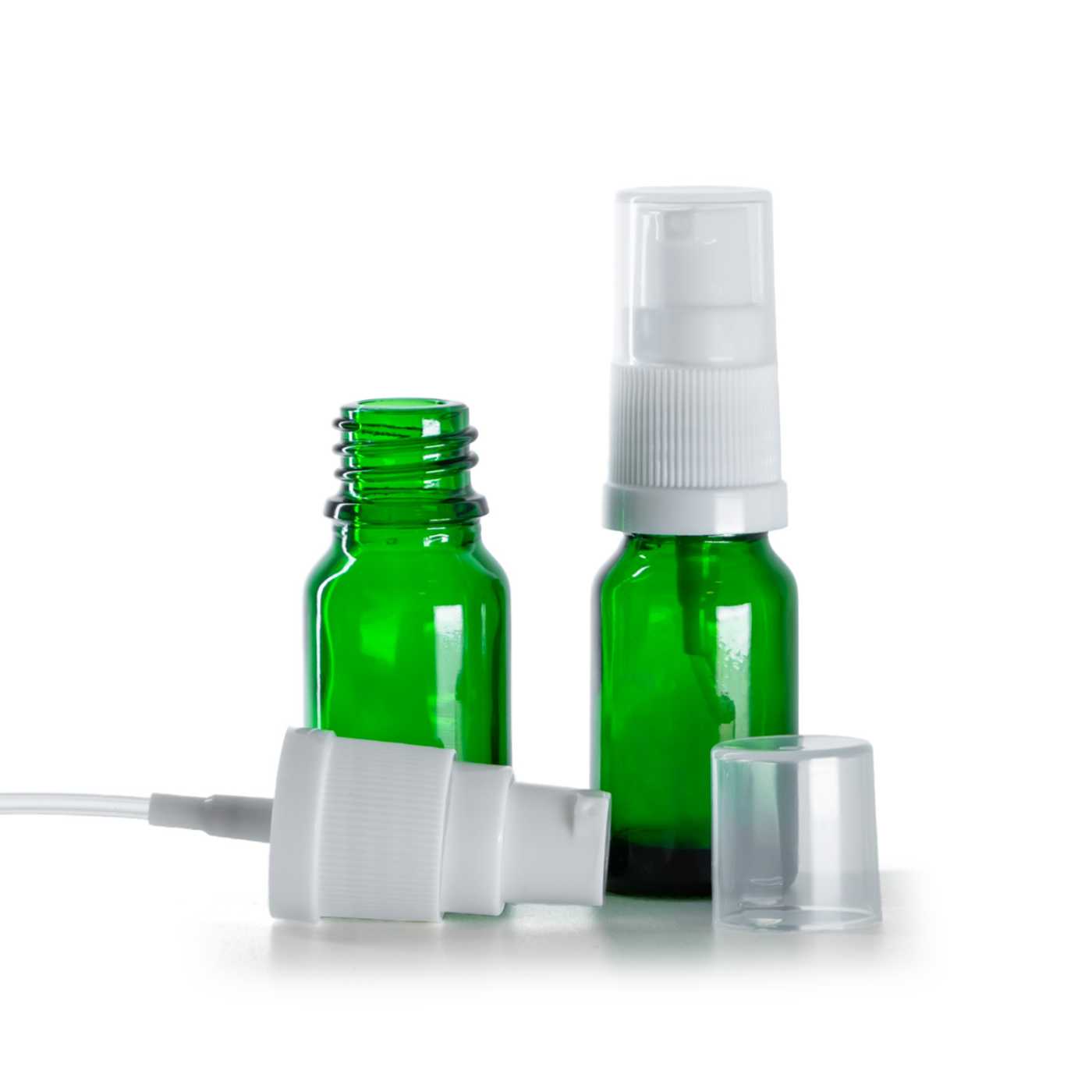 Flacon en verre vert avec pompe distributrice blanche, 10 ml