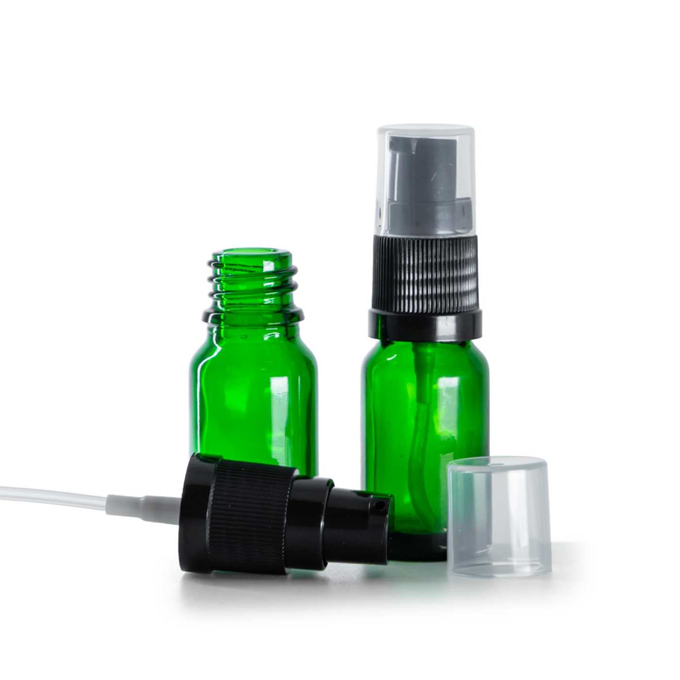 Zelená skleněná lahvička s dávkovačem krému 10 ml