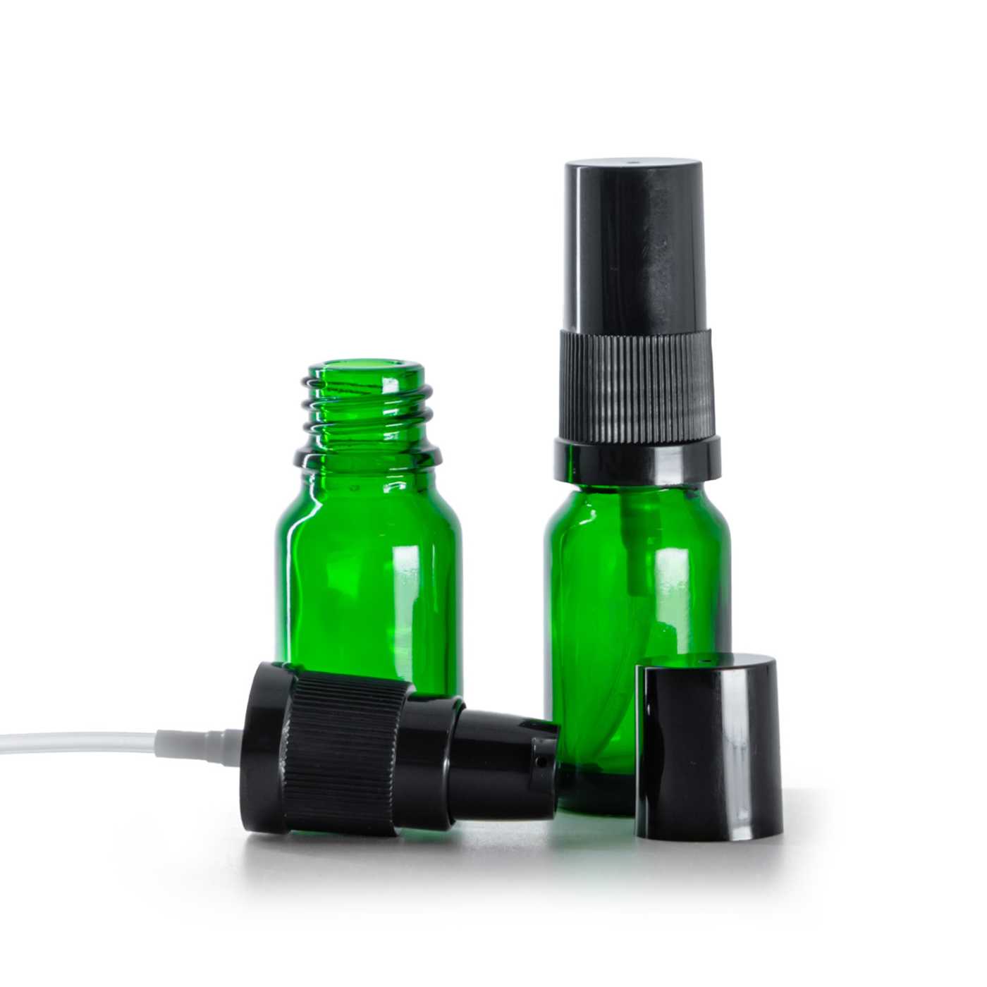 Butelka szklana, zielona, pompka do kremów z czarnym kapturkiem, 10 ml