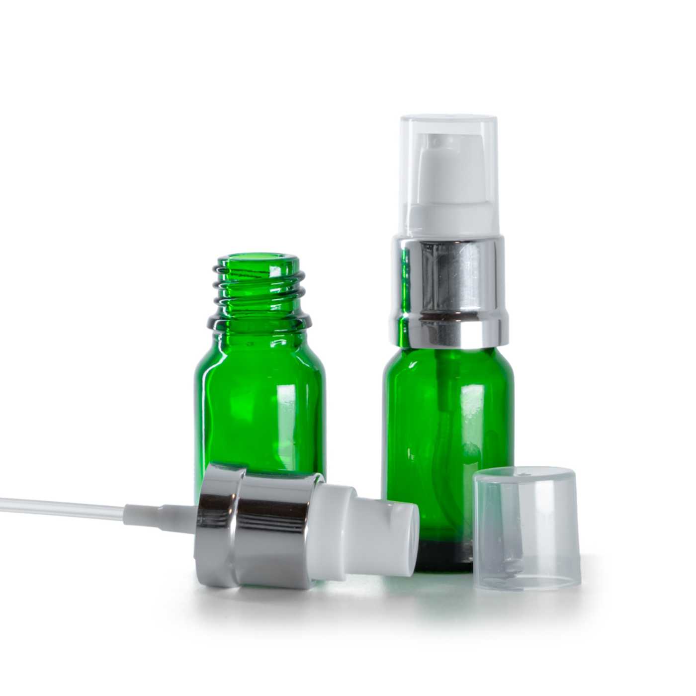 Butelka szklana, zielona, biało-srebrny błyszczący dozownik, 10 ml