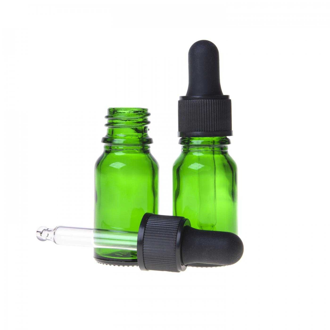 Flacon en verre vert avec compte-gouttes noir 10 ml