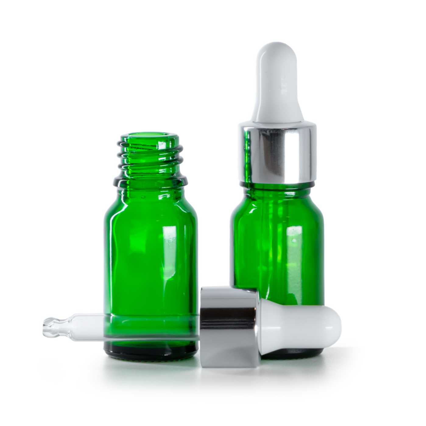 Butelka szklana, zielona, kroplomierz srebrny, 10 ml