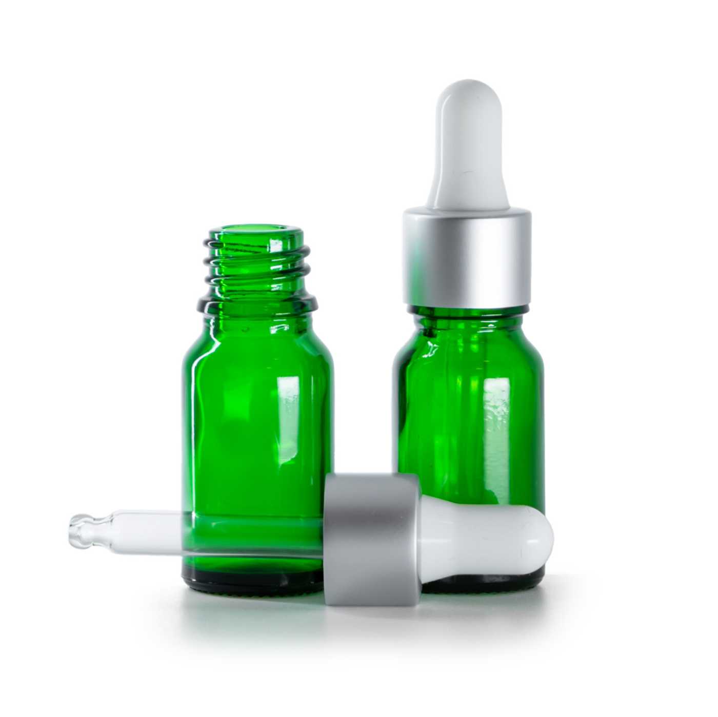 Butelka szklana, zielona, srebrny matowy kroplomierz, 10 ml